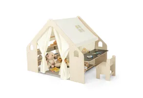 Детска Дървена Къща за Игра 6 в 1 GINGER HOME – Стол, Маса, Черна Дъска, Органайзер, Тента и Мека Подложка