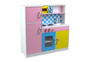 Детска кухня GINGER HOME,  дървена играчка за ролеви игри с цветен дизайн, размери 90x30x90 см - 4