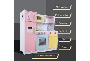 Детска кухня GINGER HOME,  дървена играчка за ролеви игри с цветен дизайн, размери 90x30x90 см - 7