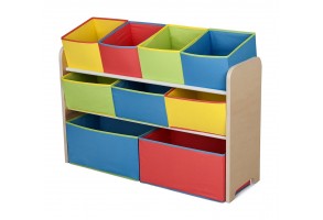 Детски Дървен Органайзер, Етажерка, Шкаф, Секция за Съхранение на Играчки и Книжки - 3 нива с 9 Текстилни Кутии - COLORS - 2