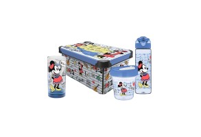 Disney Комплект Travel, кутия за съхранение 5 L, чаша за пътуване 350 ml, бутилка за пътуване 630 ml, стъклена чаша 300 ml, сини