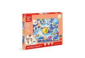 Дървен комплект за игра 2 в 1, Hape, Космически лабиринт и дъска танграм, 15 части