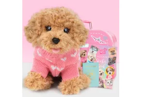 Studio Pets Плюшено куче Пудел с куфарче, паспорт и стикери, Бисквитка 23 см