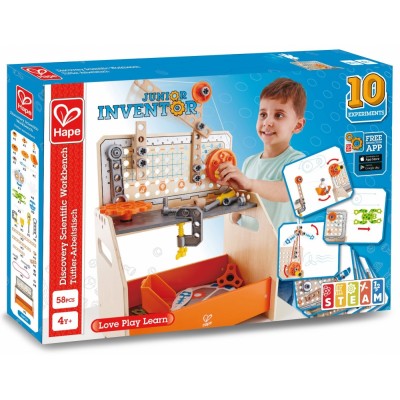 Игрален комплект, Hape, Дървена работна маса, Млад изобретател, 58 части