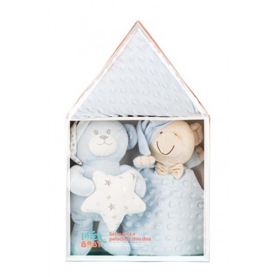 Interbaby подаръчен комплект Одеяло с Играчка Мече и Кърпа за приспиване, син