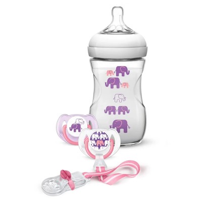 Комплект с шише Natural Philips AVENT, 260 мл + 2 залъгалки + щипка, розово